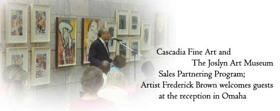 Artist Frederick Brown welcomes guests at the reception in Omaha